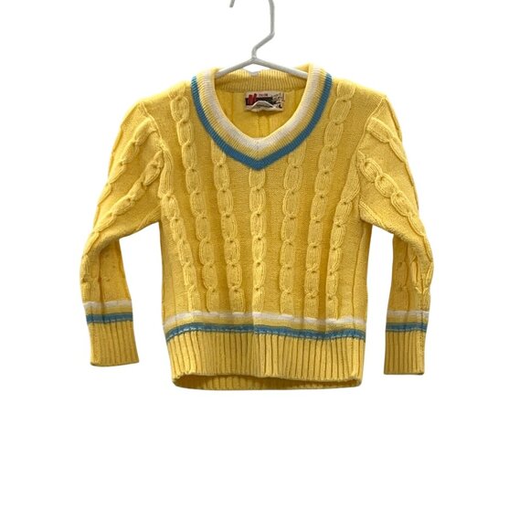 Vintage Mimi Sweater Little Boys 3 Yellow Blue White Cable Knit V-Neck Used - Picture 3 of 11